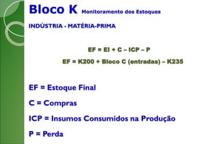Bloco K Monitoramento dos Estoques
INDÚSTRIA - MATÉRIA-PRIMA
EF = EI + C – ICP – P
EF = K200 + Bloco C (entradas) – K235
EF = Estoque Final
C = Compras
ICP = Insumos Consumidos na Produção
P = Perda
 