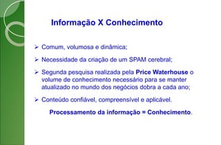 Informação X Conhecimento
 Comum, volumosa e dinâmica;
 Necessidade da criação de um SPAM cerebral;
 Segunda pesquisa realizada pela Price Waterhouse o
volume de conhecimento necessário para se manter
atualizado no mundo dos negócios dobra a cada ano;
 Conteúdo confiável, compreensível e aplicável.
Processamento da informação = Conhecimento.
 