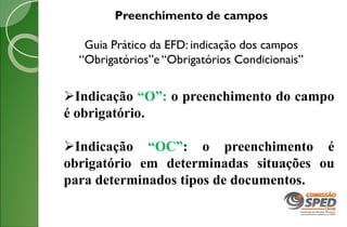 Preenchimento de campos
Guia Prático da EFD: indicação dos campos
“Obrigatórios”e “Obrigatórios Condicionais”
Indicação “O”: o preenchimento do campo
é obrigatório.
Indicação “OC”: o preenchimento é
obrigatório em determinadas situações ou
para determinados tipos de documentos.
 