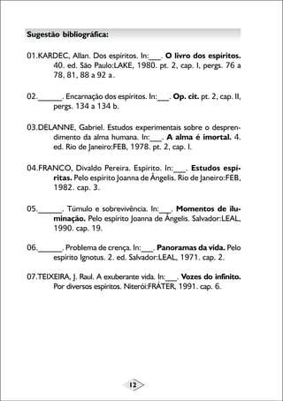 12
Sugestão bibliográfica:
01.KARDEC, Allan. Dos espíritos. In:___. O livro dos espíritos.
40. ed. São Paulo:LAKE, 1980. pt. 2, cap. I, pergs. 76 a
78, 81, 88 a 92 a.
02.______. Encarnação dos espíritos. In:___. Op. cit. pt. 2, cap. II,
pergs. 134 a 134 b.
03.DELANNE, Gabriel. Estudos experimentais sobre o despren-
dimento da alma humana. In:___. A alma é imortal. 4.
ed. Rio de Janeiro:FEB, 1978. pt. 2, cap. I.
04.FRANCO, Divaldo Pereira. Espírito. In:___. Estudos espí-
ritas. Pelo espírito Joanna de Ângelis. Rio de Janeiro:FEB,
1982. cap. 3.
05.______. Túmulo e sobrevivência. In:___. Momentos de ilu-
minação. Pelo espírito Joanna de Ângelis. Salvador:LEAL,
1990. cap. 19.
06.______. Problema de crença. In:___. Panoramas da vida. Pelo
espírito Ignotus. 2. ed. Salvador:LEAL, 1971. cap. 2.
07.TEIXEIRA, J. Raul. A exuberante vida. In:___. Vozes do infinito.
Por diversos espíritos. Niterói:FRÁTER, 1991. cap. 6.
 