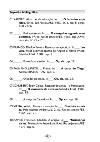 16
Sugestão bibliográfica:
01.KARDEC, Allan. Lei de adoração. In:___. O livro dos espí-
ritos. 40.ed. São Paulo:LAKE, 1980. pt. 3, cap. II, pergs.
658 a 666.
02.______. Pedi e obtereis. In:___. O evangelho segundo o es-
piritismo. 97. ed. Rio de Janeiro:FEB, 1987. cap. XXVII,
itens 4 a 17, 22 e 23.
03.FRANCO, Divaldo Pereira. Recursos terapêuticos. In:___. Luz
viva. Pelos espíritos Joanna de Ângelis e Marco Prisco.
Salvador:LEAL, 1984. cap. 1.
04.______. Entre duas atitudes. In:___. Op. cit. cap. 19.
05.PALHANO JUNIOR, L. Prece. In:___. A carta de Tiago.
Niterói:FRÁTER, 1992. cap. 5.
06.______. O poder da prece. In:___. Op. cit. cap. 24.
07.SCHUBERT, Suely Caldas. Resgatando almas – o franciscano.
In:___. O semeador de estrelas. Salvador:LEAL, 1989.
cap. 15.
08.______. A moça de Catanduva. In:___. Op. cit. cap. 16.
09.VIEIRA, Waldo. Perante a oração. In:___. Conduta espíri-
ta. Pelo espírito André Luiz. 2. ed. Rio de Janeiro:FEB,
1961. cap. 26.
10.XAVIER, Francisco. Cândido. A oração. In:___. Missionários
da luz. Pelo espírito André Luiz. 9. ed. Rio de Janeiro:FEB,
1973. cap. 6.
 