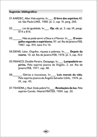 184
Sugestão bibliográfica:
01.KARDEC, Allan.Vida espírita. In:___. O livro dos espíritos.40.
ed. São Paulo:LAKE, 1980. pt. 2, cap. VI, perg. 266.
02.______. Lei de igualdade. In:___. Op. cit. pt. 3, cap. IX, pergs.
814 a 816.
03.______. Não se pode servir a Deus e a Mamon. In:___. O evan-
gelho segundo o espiritismo. 97. ed. Rio de Janeiro:FEB,
1987. cap. XVI, itens 9 e 10.
04.DENIS, Léon. Orgulho, riqueza e pobreza. In:___. Depois da
morte. 10. ed. Rio de Janeiro:FEB, 1978. pt. 5, cap. XLV.
05.FRANCO, Divaldo Pereira. Desapego. In:___. Lampadário es-
pírita. Pelo espírita Joanna de Ângelis. 2. ed. Rio de
Janeiro:FEB, 1971. cap. 48.
06.______. Glórias e insucessos. In:___. Leis morais da vida.
Pelo espírito Joanna de Ângelis.Salvador:LEAL, 1976. pt.
IX, cap. 45.
07.TEIXEIRA, J. Raul. Estás pobre? In:___. Revelações da luz. Pelo
espírito Camilo. Niterói:FRÁTER, 1994. cap. 20.
 