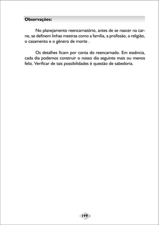 199
Observações:
No planejamento reencarnatório, antes de se nascer na car-
ne, se definem linhas mestras como a família, a profissão, a religião,
o casamento e o gênero de morte .
Os detalhes ficam por conta do reencarnado. Em essência,
cada dia podemos construir o nosso dia seguinte mais ou menos
feliz. Verificar de tais possibilidades é questão de sabedoria.
 