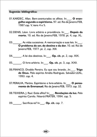 200
Sugestão bibliográfica:
01.KARDEC, Allan. Bem-aventurados os aflitos. In:___. O evan-
gelho segundo o espiritismo. 97. ed. Rio de Janeiro:FEB,
1987.cap. V, itens 4 e 5.
02.DENIS, Léon. Livre arbítrio e providência. In:___. Depois da
morte. 10. ed. Rio de Janeiro:FEB, 1978. pt. 4, cap. XL.
03.______. As vidas sucessivas. A reencarnação e suas leis. In:___.
O problema do ser, do destino e da dor. 10. ed. Rio de
Janeiro:FEB, 1977. pt. 2, cap. XIII.
04.______. A lei dos destinos. In:___. Op. cit. pt. 2, cap. XIX.
05.______. O livre-arbítrio. In:___. Op. cit. pt. 3, cap. XXII.
06.FRANCO, Divaldo Pereira. Eu que sou brando...In:___. Trigo
de Deus. Pelo espírito Amélia Rodrigues. Salvador:LEAL,
1993. cap. 4.
07.PERALVA, Martins. Espiritismo e livre-arbítrio. In:___. O pensa-
mento de Emmanuel. Rio de Janeiro:FEB, 1973. cap. 32.
08.TEIXEIRA, J. Raul. Estás aflito? In:___. Revelações da luz. Pelo
espírito Camilo. Niterói:FRÁTER, 1994. cap. 5.
09.______. Sacrificas-te? In:___. Op. cit. cap. 7.
 