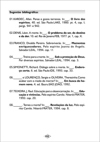 Sugestão bibliográfica:
01.KARDEC, Allan. Penas e gozos terrenos. In:___. O livro dos
espíritos. 40. ed. São Paulo:LAKE, 1980. pt. 4, cap. I,
pergs. 941 e 942.
02.DENIS, Léon. A morte. In:___. O problema do ser, do destino
e da dor. 10. ed. Rio de Janeiro:FEB, 1977. pt. 1, cap. X.
03.FRANCO, Divaldo Pereira. Sobreviverás. In:___. Momentos
enriquecedores. Pelo espírito Joanna de Ângelis.
Salvador:LEAL, 1994. cap. 17.
04.______. Treino para a morte. In:___. Sob a proteção de Deus.
Por diversos espíritos. Salvador:LEAL, 1994. cap. 3.
05.SIMONETTI, Richard. Diálogo sobre a morte. In:___. Endereço certo. 6. ed. São Paulo:IDE, 1993. cap. 33.
06.______ e LOURENÇO, Sergio e OLIVEIRA, Therezinha.Como
acabar com o medo de morrer? In:___. Em busca do homem novo. 4. ed. Bauru:SÃO JOÃO, 1992.
07.TEIXEIRA, J. Raul. Educação para a desencarnação. In:___. Educação e vivências. Pelo espírito Camilo. Niterói:FRÁTER,
1993. cap. 20.
08.______. Temes a morte? In:___. Revelações da luz. Pelo espírito Camilo. Niterói:FRÁTER, 1994. cap. 8.

152

 
