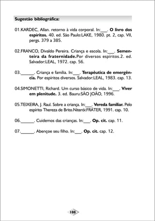 Sugestão bibliográfica:
01.KARDEC, Allan. retorno à vida corporal. In:___. O livro dos
espíritos. 40. ed. São Paulo:LAKE, 1980. pt. 2, cap. VII,
pergs. 379 a 385.
02.FRANCO, Divaldo Pereira. Criança e escola. In:___. Sementeira da fraternidade.Por diversos espíritos.2. ed.
Salvador:LEAL, 1972. cap. 56.
03.______. Criança e família. In:___. Terapêutica de emergência. Por espíritos diversos. Salvador:LEAL, 1983. cap. 13.
04.SIMONETTI, Richard. Um curso básico de vida. In:___. Viver
em plenitude. 3. ed. Bauru:SÃO JOÃO, 1996.
05.TEIXEIRA, J. Raul. Sobre a criança. In:___. Vereda familiar. Pelo
espírito Thereza de Brito.Niterói:FRÁTER, 1991. cap. 10.
06.______. Cuidemos das crianças. In:___. Op. cit. cap. 11.
07.______. Abençoe seu filho. In:___. Op. cit. cap. 12.

188

 