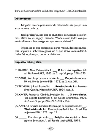 diário de Clarinha/Editora Celd/Cezar Braga Said - cap. A montanha).
Observações:
Ninguém recebe peso maior de dificuldades do que possam
arcar os seus ombros.
Jesus prossegue, nos dias da atualidade, convidando os enfermos, aflitos ao seu regaço, dizendo: “Vinde a mim todos vós que
estais aflitos e sobrecarregados, que eu vos aliviarei.”
Aflitos são os que padecem as dores morais, decepções, tristeza, angústia e sobrecarregados são os que atravessam as dificuldades físicas, doenças, pobreza, aleijumes.
Sugestão bibliográfica:
01.KARDEC, Allan. Vida espírita. In:___. O livro dos espíritos. 40.
ed. São Paulo:LAKE, 1980. pt. 2, cap. VI, pergs. 258 a 273.
02.DENIS,Léon.As provas e a morte. In:___. Depois da morte.
10. ed. Rio de Janeiro:FEB, 1978. pt. 2, cap. XIII.
03.TEIXEIRA, J. Raul. Expias? In:___. Revelações da luz. Pelo espírito Camilo. Niterói:FRÁTER, 1994. cap. 3.
04.XAVIER, Francisco Cândido.Evolução. In:___. O consolador.
Pelo espírito Emmanuel. 5. ed. Rio de Janeiro:FEB, 1970.
pt. 2, cap. V, pergs. 246, 247, 250 a 252.
05.XAVIER, Francisco Cândido. Preparação de experiências. In:___.
Missionários da luz. Pelo espírito André Luiz. 9. ed. Rio
de Janeiro:FEB, 1973. cap. 12.
06.______. Em plena prova.In:___. Religião dos espíritos. Pelo
espírito Emmanuel.4. ed. Rio de Janeiro:FEB, 1978.
203

 