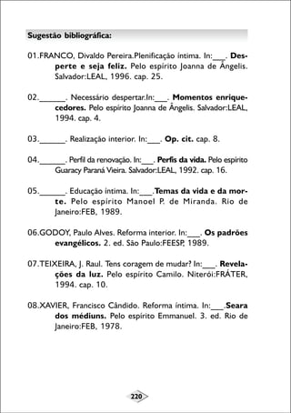 Sugestão bibliográfica:
01.FRANCO, Divaldo Pereira.Plenificação íntima. In:___. Desperte e seja feliz. Pelo espírito Joanna de Ângelis.
Salvador:LEAL, 1996. cap. 25.
02.______. Necessário despertar.In:___. Momentos enriquecedores. Pelo espírito Joanna de Ângelis. Salvador:LEAL,
1994. cap. 4.
03.______. Realização interior. In:___. Op. cit. cap. 8.
04.______. Perfil da renovação. In:___. Perfis da vida. Pelo espírito
Guaracy Paraná Vieira. Salvador:LEAL, 1992. cap. 16.
05.______. Educação íntima. In:___.Temas da vida e da morte. Pelo espírito Manoel P. de Miranda. Rio de
Janeiro:FEB, 1989.
06.GODOY, Paulo Alves. Reforma interior. In:___. Os padrões
evangélicos. 2. ed. São Paulo:FEESP 1989.
,
07.TEIXEIRA, J. Raul. Tens coragem de mudar? In:___. Revelações da luz. Pelo espírito Camilo. Niterói:FRÁTER,
1994. cap. 10.
08.XAVIER, Francisco Cândido. Reforma íntima. In:___.Seara
dos médiuns. Pelo espírito Emmanuel. 3. ed. Rio de
Janeiro:FEB, 1978.

220

 