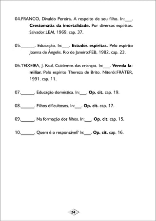 04.FRANCO, Divaldo Pereira. A respeito de seu filho. In:___.
Crestomatia da imortalidade. Por diversos espíritos.
Salvador:LEAl, 1969. cap. 37.
05.______. Educação. In:___. Estudos espíritas. Pelo espírito
Joanna de Ângelis. Rio de Janeiro:FEB, 1982. cap. 23.
06.TEIXEIRA, J. Raul. Cuidemos das crianças. In:___. Vereda familiar. Pelo espírito Thereza de Brito. Niterói:FRÁTER,
1991. cap. 11.
07.______. Educação doméstica. In:___. Op. cit. cap. 19.
08.______. Filhos dificultosos. In:___. Op. cit. cap. 17.
09.______. Na formação dos filhos. In:___. Op. cit. cap. 15.
10.______. Quem é o responsável? In:___. Op. cit. cap. 16.

24

 