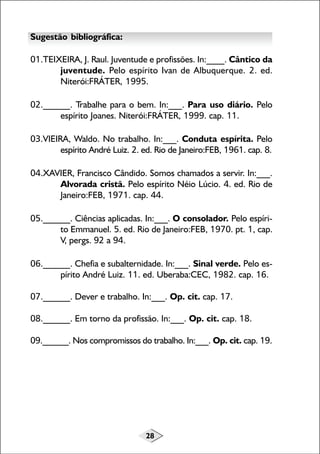 Sugestão bibliográfica:
01.TEIXEIRA, J. Raul. Juventude e profissões. In:____. Cântico da
juventude. Pelo espírito Ivan de Albuquerque. 2. ed.
Niterói:FRÁTER, 1995.
02.______. Trabalhe para o bem. In:___. Para uso diário. Pelo
espírito Joanes. Niterói:FRÁTER, 1999. cap. 11.
03.VIEIRA, Waldo. No trabalho. In:___. Conduta espírita. Pelo
espírito André Luiz. 2. ed. Rio de Janeiro:FEB, 1961. cap. 8.
04.XAVIER, Francisco Cândido. Somos chamados a servir. In:___.
Alvorada cristã. Pelo espírito Néio Lúcio. 4. ed. Rio de
Janeiro:FEB, 1971. cap. 44.
05.______. Ciências aplicadas. In:___. O consolador. Pelo espírito Emmanuel. 5. ed. Rio de Janeiro:FEB, 1970. pt. 1, cap.
V, pergs. 92 a 94.
06.______. Chefia e subalternidade. In:___. Sinal verde. Pelo espírito André Luiz. 11. ed. Uberaba:CEC, 1982. cap. 16.
07.______. Dever e trabalho. In:___. Op. cit. cap. 17.
08.______. Em torno da profissão. In:___. Op. cit. cap. 18.
09.______. Nos compromissos do trabalho. In:___. Op. cit. cap. 19.

28

 