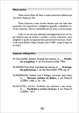 Observações:
Todos somos filhos de Deus e todos possuímos dádivas que
nos foram dadas por Ele.
Todos trazemos a este mundo talentos que nos cabe bem
aproveitar. Uns possuímos a inteligência aguçada, a sabedoria, recursos materiais. Outros a facilidade para as artes, a comunicação.
Cada um de nós está colocado estrategicamente em um lugar especial para ali crescer e auxiliar a outros crescerem, para
progredir e ajudar o progresso dos que convivem conosco. (A partir da revista Reader’s Digest Seleções /abril 1998 – artigo O toque de
um anjo ).
Sugestão bibliográfica:
01.CALLIGARIS. Rodolfo. Parábola dos talentos. In:___. Parábolas evangélicas. 3. ed. Rio de Janeiro:FEB, 1983.
02.GODOY, Paulo Alves. A parábola dos talentos. In:___. O evangelho pede licença. 2. ed. São Paulo:FEESP 1990. cap. IV.
,
03.RODRIGUES, Wallace Leal V. Relógio marcando duas horas.
In:___. Remotos cânticos de Belém. 2. ed. Matão:O
CLARIM, 1986. p. 59 – 64.
04.SCHUTEL, Cairbar. Parábolas dos talentos e das minas.
In:___. Parábolas e ensinos de Jesus. 9. ed. Matão:O
CLARIM, 1972.

35

 