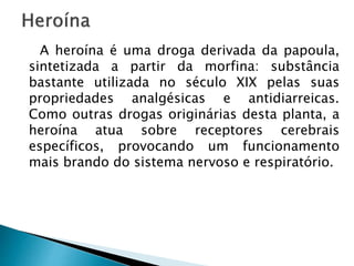 A heroína é uma droga derivada da papoula,
sintetizada a partir da morfina: substância
bastante utilizada no século XIX pelas suas
propriedades analgésicas e antidiarreicas.
Como outras drogas originárias desta planta, a
heroína atua sobre receptores cerebrais
específicos, provocando um funcionamento
mais brando do sistema nervoso e respiratório.
 