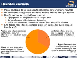 Questão enviada Projeto estratégico de um novo produto; potencial de gerar um enorme resultado Um concorrente direto; primeiro a entrar no mercado terá uma vantagem decisiva Decisão quanto a um aspecto técnico essencial Equipe propôs uma solução diferente das soluções atuais Um consultor externo identificou gaps de expertise Concorrente adotou um aprimoramento de uma solução já conhecida e testada. Esta decisão não pode ser postergada e você tem autoridade e autonomia para tomá-la. Você: Manteria a solução proposta pela sua equipe e confiaria na sua capacidade de realização Manteria a solução proposta mas contrataria a empresa sugerida pelo consultor como fornecedor Negociaria uma parceria estratégica com a empresa sugerida pelo consultor para desenvolver em conjunto a nova solução Adotaria uma solução conhecida e já testada e procuraria diferenciar seu produto em outros aspectos 