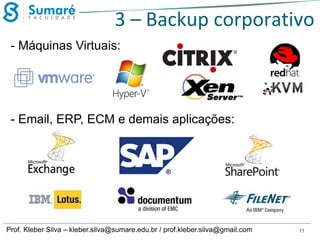 3 – Backup corporativo
- Máquinas Virtuais:

- Email, ERP, ECM e demais aplicações:

Prof. Kleber Silva – kleber.silva@sumare.edu.br / prof.kleber.silva@gmail.com

11

 