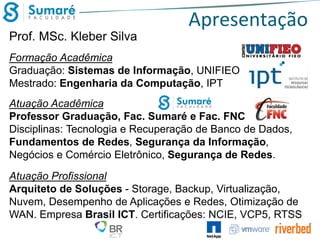 Apresentação
Prof. MSc. Kleber Silva
Formação Acadêmica
Graduação: Sistemas de Informação, UNIFIEO
Mestrado: Engenharia da Computação, IPT
Atuação Acadêmica
Professor Graduação, Fac. Sumaré e Fac. FNC
Disciplinas: Tecnologia e Recuperação de Banco de Dados,
Fundamentos de Redes, Segurança da Informação,
Negócios e Comércio Eletrônico, Segurança de Redes.

Atuação Profissional
Arquiteto de Soluções - Storage, Backup, Virtualização,
Nuvem, Desempenho de Aplicações e Redes, Otimização de
WAN. Empresa Brasil ICT. Certificações: NCIE, VCP5, RTSS

 