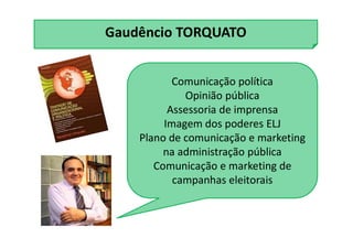 Gaudêncio TORQUATO
Comunicação política
Opinião pública
Assessoria de imprensa
Imagem dos poderes ELJ
Plano de comunicação e marketing
na administração pública
Comunicação e marketing de
campanhas eleitorais
 