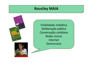 Rousiley MAIA
Visibilidade midiática
Deliberação pública
Conversação cotidiana
Redes cívicas
Internet
Democracia
 