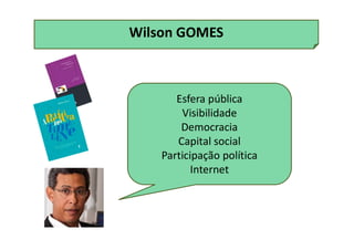 Wilson GOMES
Esfera pública
Visibilidade
Democracia
Capital social
Participação política
Internet
 