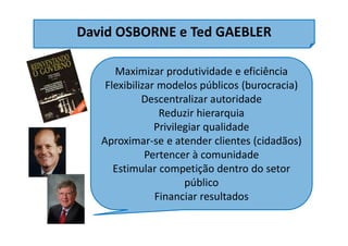 David OSBORNE e Ted GAEBLER
Maximizar produtividade e eficiência
Flexibilizar modelos públicos (burocracia)
Descentralizar autoridade
Reduzir hierarquia
Privilegiar qualidade
Aproximar-se e atender clientes (cidadãos)
Pertencer à comunidade
Estimular competição dentro do setor
público
Financiar resultados
 