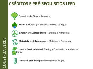CRÉDITOS E PRÉ-REQUISITOS LEED Sustainable Sites  – Terrenos; Water Efficiency  – Eficiência no uso da Água; Energy and Atmosphere  – Energia e Atmosfera; Materials and Resources  – Materiais e Recursos; Indoor Environmental Quality  - Qualidade do Ambiente  Interno; Innovation in Design  – Inovação de Projeto. CONSTRUA VERDE 