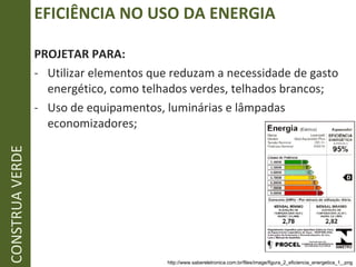 EFICIÊNCIA NO USO DA ENERGIA PROJETAR PARA: Utilizar elementos que reduzam a necessidade de gasto energético, como telhados verdes, telhados brancos; Uso de equipamentos, luminárias e lâmpadas economizadores; CONSTRUA VERDE http://www.sabereletronica.com.br/files/image/figura_2_eficiencia_energetica_1_.png 