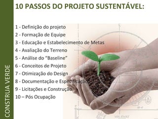 1 - Definição do projeto 2 - Formação de Equipe 3 - Educação e Estabelecimento de Metas 4 - Avaliação do Terreno 5 - Análise do “Baseline” 6 - Conceitos de Projeto 7 - Otimização do Design 8 - Documentação e Especificação 9 - Licitações e Construção 10 – Pós Ocupação 10 PASSOS DO PROJETO SUSTENTÁVEL: CONSTRUA VERDE 