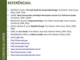 REFERÊNCIAS: MENDLER, Sandra.  The Hok Guide for Sustainable Design.  2nd Edition. New Jersey: Wiley, 2006. 459p. USGBC.  New Construction and Major Renovation version 2.2. Reference Guide . 3rd Edition, 2007. USGBC. MACAULAY, David R.  Integrated Design . First Edition. Bainbridge Island: Ecotone Publishing, 2008. 261p. Kellert, Stephen R. et all.  Biophilic Design . First Edition. New Jersey: Wiley, 2008. 390p. GORE, Al.  Our Choice . First Edition. New York: Melcher Media, 2009. 420 p. McDONOUGH, Willian.  Cradle to Cradle . New York: Melcher Media, 2002.  www.usgbc.org http://cfpub.epa.gov http://www.wbcsd.org http://www.gbci.org/ www.revistasustentabilidade.com.br http://www.green-e.org/ http://www.portaldoarquiteto.com/ CONSTRUA VERDE 