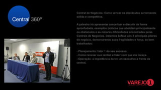 Central Central de
360º
Negócios

Central de Negócios: Como vencer os obstáculos se tornando
sólida e competitiva.
A palestra irá apresentar conceituar e discutir de forma
apronfudada, exemplos práticos que abordam principalmente
os obstáculos e as maiores dificuldades encontradas pelas
Centrais de Negócios. Daremos ênfase aos 3 principais pilares
do negócio, demonstrando suas fragilidades e força, se bem
trabalhados:
- Planejamento: fator 1 do seu sucesso.
- Como renovar sua central e fazer com que ela cresça.
- Operação: a importância de ter um executivo a frente da
central.
  

 