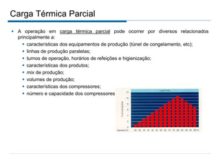 Carga Térmica Parcial
 A operação em carga térmica parcial pode ocorrer por diversos relacionados
principalmente a:
 características dos equipamentos de produção (túnel de congelamento, etc);
 linhas de produção paralelas;
 turnos de operação, horários de refeições e higienização;
 características dos produtos;
 mix de produção;
 volumes de produção;
 características dos compressores;
 número e capacidade dos compressores.
 