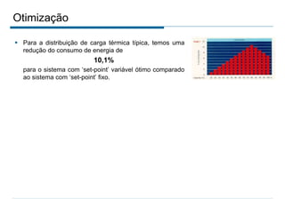 Otimização
 Para a distribuição de carga térmica típica, temos uma
redução do consumo de energia de
10,1%
para o sistema com ‘set-point’ variável ótimo comparado
ao sistema com ‘set-point’ fixo.
 