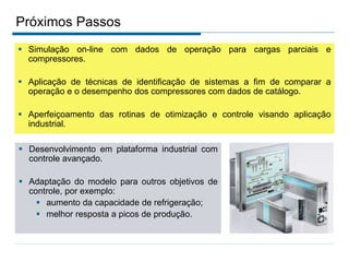 Próximos Passos
 Simulação on-line com dados de operação para cargas parciais e
compressores.
 Aplicação de técnicas de identificação de sistemas a fim de comparar a
operação e o desempenho dos compressores com dados de catálogo.
 Aperfeiçoamento das rotinas de otimização e controle visando aplicação
industrial.
 Desenvolvimento em plataforma industrial com
controle avançado.
 Adaptação do modelo para outros objetivos de
controle, por exemplo:
 aumento da capacidade de refrigeração;
 melhor resposta a picos de produção.
 