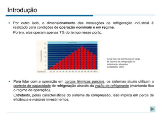 Introdução
 Por outro lado, o dimensionamento das instalações de refrigeração industrial é
realizado para condições de operação nominais e em regime.
Porém, elas operam apenas 7% do tempo nesse ponto.
Curva típica de distribuição de carga
de sistemas de refrigeração na
indústria de alimentos.
(LUNDBERG, 1997).
 Para lidar com a operação em cargas térmicas parciais, os sistemas atuais utilizam o
controle de capacidade de refrigeração através da vazão de refrigerante (mantendo fixo
o regime de operação).
Entretanto, pelas características do sistema de compressão, isso implica em perda de
eficiência e maiores investimentos.
 