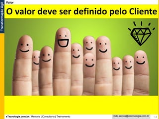 eTecnologia.com.br | Mentoria | Consultoria | Treinamento
TransformaçãoÁgil
rildo.santos@etecnologia.com.br
Valor
O valor deve ser definido pelo Cliente
13
 