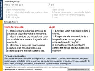 eTecnologia.com.br | Mentoria | Consultoria | Treinamento
TransformaçãoÁgil
rildo.santos@etecnologia.com.br
Transformação Ágil
26
Trans-for-ma-ção
(latim transformatio).
1. Ato ou efeito de transformar; metamorfose.
2. Alteração.
3. Modificação
Trans-for-ma-ção
1. Transformar a empresa através de
uma mais visão humana e inovadora.
2. Mudar a cultura organizacional para
um modelo focado na entrega de valor
ao cliente.
3. Modificar a empresa criando uma
estrutura que associa talentos à
estratégia para melhor sustentação.
Termos relacionados:
Favorecer o capital humano, entregar valor, crescimento contínuo e sustentável, empresa
mais liquida, agilidade para responder as mudanças, pessoas em primeiro lugar, criação de
novo valor, antifrágil, eficiência, transformar oportunidades em negócio.
substantivo feminino
Á-gil
adjetivo
(latim agilis).
1.Que se movimenta com muita facilidade;
2. Que se move de maneira rápida;
3.veloz.
Á-gil
1. Entregar valor mais rápido para o
cliente.
2. Responder de forma eficiente e
tempestiva as mudanças e
necessidades de negócio.
3. Ser adaptável e flexível para
aproveitar novas oportunidades de
negócio.
Ressignificar1:
1 - Ressignificar é um verbo transitivo que caracteriza a ação de atribuir um novo significado a algo ou alguém.
 