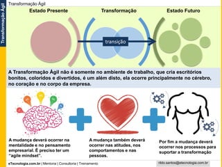eTecnologia.com.br | Mentoria | Consultoria | Treinamento
TransformaçãoÁgil
rildo.santos@etecnologia.com.br
Estado Presente Estado FuturoTransformação
transição
Transformação Ágil
A Transformação Ágil não é somente no ambiente de trabalho, que cria escritórios
bonitos, coloridos e divertidos, é um além disto, ela ocorre principalmente no cérebro,
no coração e no corpo da empresa.
A mudança deverá ocorrer na
mentalidade e no pensamento
empresarial. É preciso ter um
“agile mindset”.
A mudança também deverá
ocorrer nas atitudes, nos
comportamentos e nas
pessoas.
Por fim a mudança deverá
ocorrer nos processos para
suportar a transformação
 