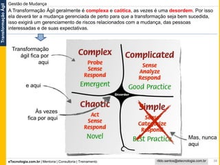 eTecnologia.com.br | Mentoria | Consultoria | Treinamento
TransformaçãoÁgil
rildo.santos@etecnologia.com.br
Gestão de Mudança
38
Transformação
ágil fica por
aqui
Às vezes
fica por aqui
e aqui
A Transformação Ágil geralmente é complexa e caótica, as vezes é uma desordem. Por isso
ela deverá ter a mudança gerenciada de perto para que a transformação seja bem sucedida,
isso exigirá um gerenciamento de riscos relacionados com a mudança, das pessoas
interessadas e de suas expectativas.
Mas, nunca
aqui
 