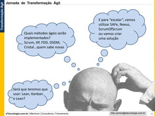 eTecnologia.com.br | Mentoria | Consultoria | Treinamento
TransformaçãoÁgil
rildo.santos@etecnologia.com.br 50
Quais métodos ágeis serão
implementados?
Scrum, XP, FDD, DSDM,
Cristal...quem sabe novas
E para “escalar”, vamos
utilizar SAFe, Nexus,
ScrumOfScrum
ou vamos criar
uma solução
Será que teremos que
usar: Lean, Kanban
e Lean?
Jornada de Transformação Ágil
 