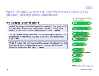 Mobile Computing will impact all business processes, requiring new
application solutions written just for mobile

New Strategies / Solutions Needed
      “Second generation mobile strategies differ considerably from those of the
      first generation. They must be multichannel, part of your holistic digital
      strategy, and include innovative mobile-only capabilities.” – Gartner

      “Mobile business is the number one IT issue pre-occupying the minds of IT
      professionals in Asia/Pacific, according to IDC's CIO Innovation Survey
      2011. ” – IDC

      “By 2015, mobile Web technologies will have advanced sufficiently, so that
      half the applications that would be written as native apps in 2011 will
      instead be delivered as Web apps. ” – Gartner




                                                                                   IBM 2011 Tech Trends Report

 36                                                                                           © 2012 IBM Corporation
 