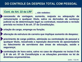 DO CONTROLE DA DESPESA TOTAL COM PESSOAL ZAIRA – TCE-PB criação de cargo, emprego ou função; alteração de estrutura de carreira que implique aumento de despesa; provimento de cargo público, admissão ou contratação de pessoal a qualquer título, ressalvada a reposição decorrente de aposentadoria ou falecimento de servidores das áreas de educação, saúde e segurança; contratação de hora extra, salvo no caso do disposto no inciso II do § 6 o  do art. 57 da Constituição e as situações previstas na lei de diretrizes orçamentárias. concessão de vantagem, aumento, reajuste ou adequação de remuneração a qualquer título, salvo os derivados de sentença judicial ou de determinação legal ou contratual, ressalvada a revisão prevista no inciso X do art. 37 da Constituição; Cont. do Art. 22 da LRF ... são vedados: 