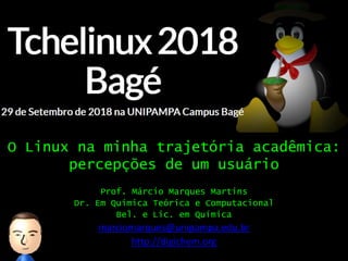 O Linux na minha trajetória acadêmica:
percepções de um usuário
Prof. Márcio Marques Martins
Dr. Em Química Teórica e Computacional
Bel. e Lic. em Química
marciomarques@unipampa.edu.br
http://digichem.org
 