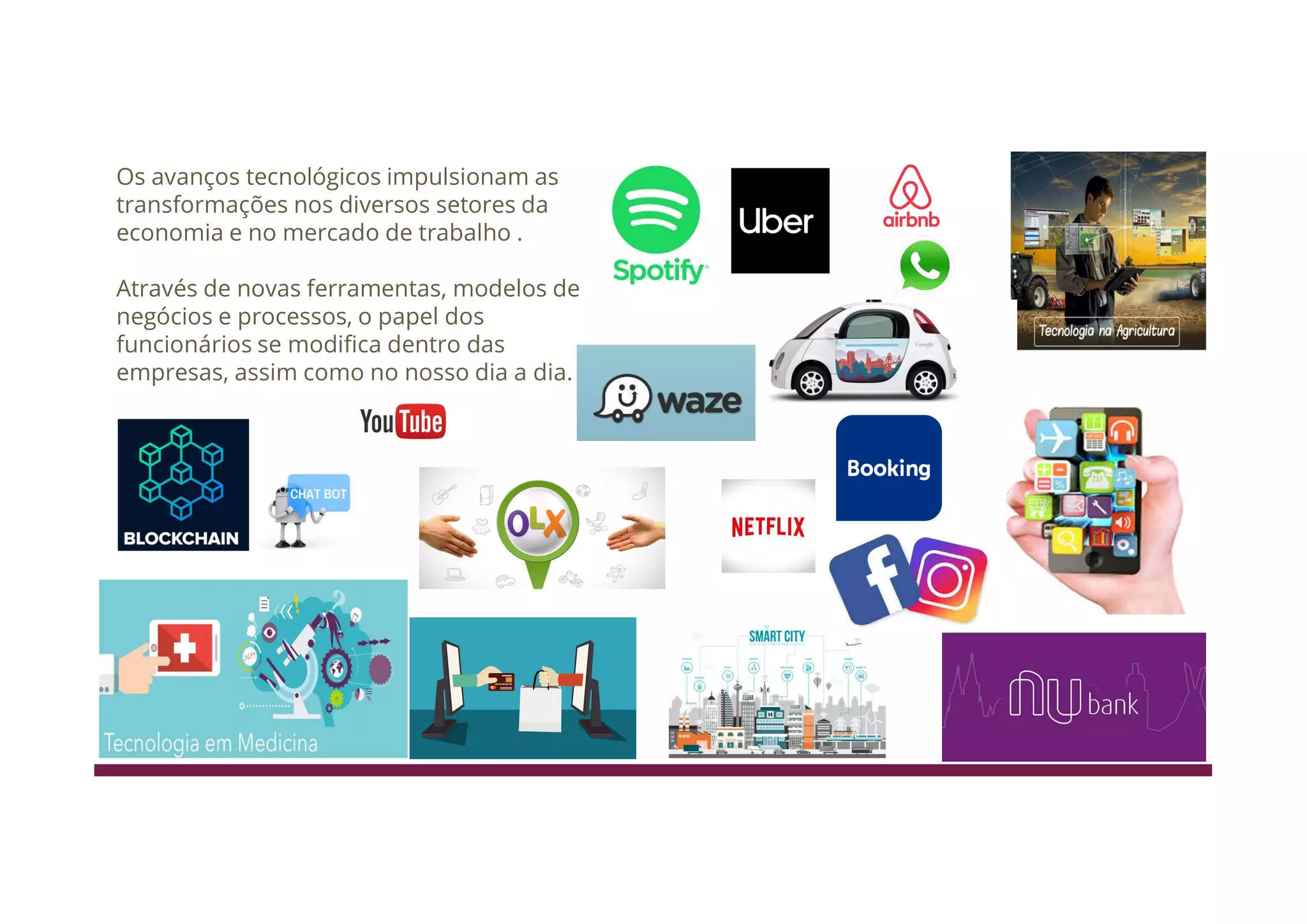 Os avanços tecnológicos impulsionam as
transformações nos diversos setores da
economia e no mercado de trabalho .
Através de novas ferramentas, modelos de
negócios e processos, o papel dos
funcionários se modifica dentro das
empresas, assim como no nosso dia a dia.
 