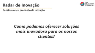 Radar de Inovação
Construa o seu propósito de inovação
Como podemos oferecer soluções
mais inovadora para os nossos
clientes?
 