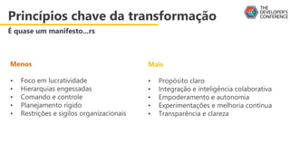 Menos
• Foco em lucratividade
• Hierarquias engessadas
• Comando e controle
• Planejamento rígido
• Restrições e sigilos organizacionais
Princípios chave da transformação
É quase um manifesto...rs
Mais
• Propósito claro
• Integração e inteligência colaborativa
• Empoderamento e autonomia
• Experimentações e melhoria contínua
• Transparência e clareza
 