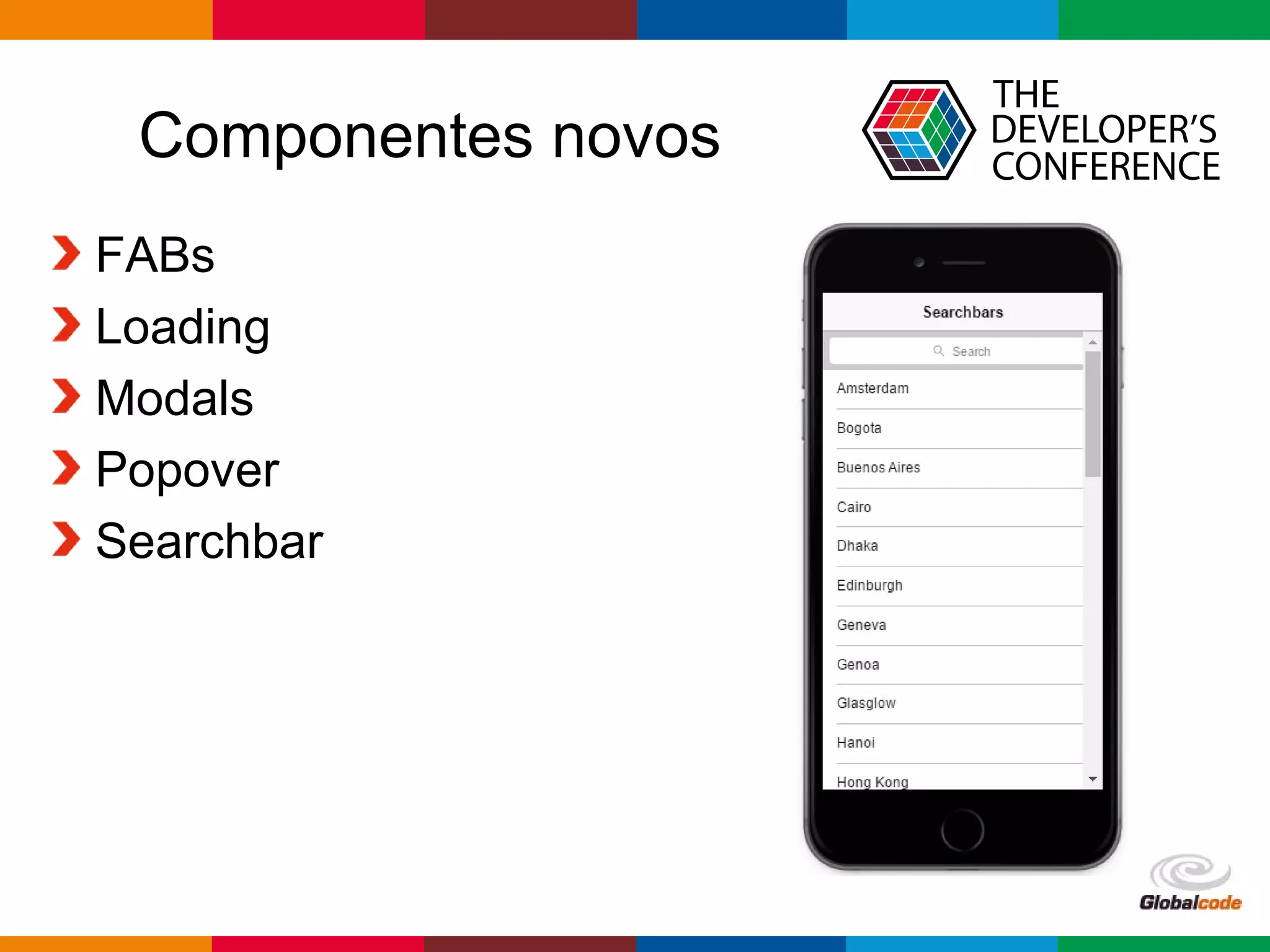 Globalcode – Open4education
Componentes novos
FABs
Loading
Modals
Popover
Searchbar
 