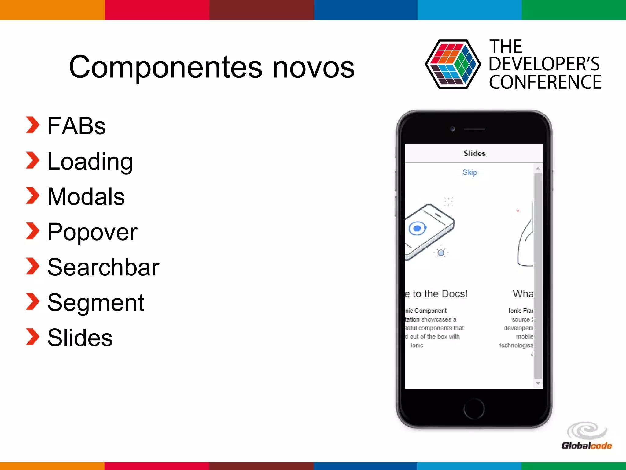Globalcode – Open4education
Componentes novos
FABs
Loading
Modals
Popover
Searchbar
Segment
Slides
 