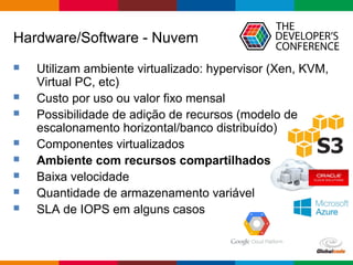 Globalcode – Open4education
Hardware/Software - Nuvem
 Utilizam ambiente virtualizado: hypervisor (Xen, KVM,
Virtual PC, etc)
 Custo por uso ou valor fixo mensal
 Possibilidade de adição de recursos (modelo de
escalonamento horizontal/banco distribuído)
 Componentes virtualizados
 Ambiente com recursos compartilhados
 Baixa velocidade
 Quantidade de armazenamento variável
 SLA de IOPS em alguns casos
 