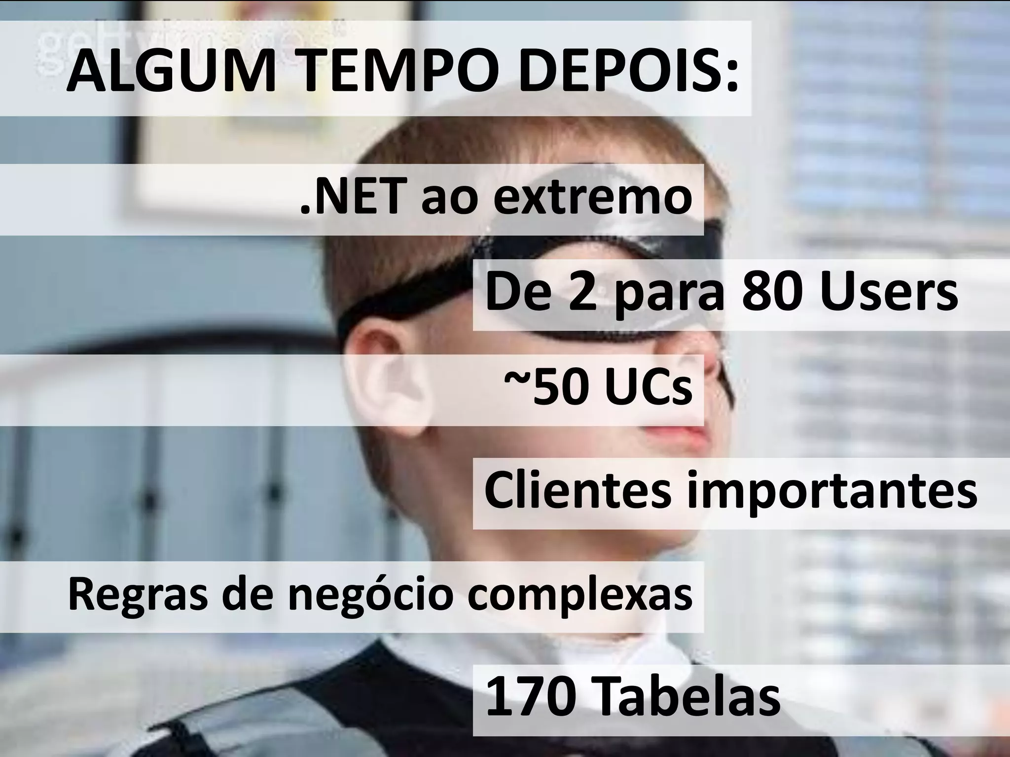 ALGUM TEMPO DEPOIS:.NET aoextremoDe 2 para 80 Users~50 UCsClientesimportantesRegras de negóciocomplexas170 Tabelas
