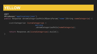 YELLOW
@GET
@Produces("application/json")
public Response obtemCategoriasPelo(@QueryParam("nome")String nomeCategoria) {
List<Categoria> listaCategorias =
service
.obtemCategoriasPelo(nomeCategoria);
return Response.ok(listaCategorias).build();
}
 
