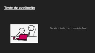 Teste de aceitação
Simula o teste com o usuário final.
 