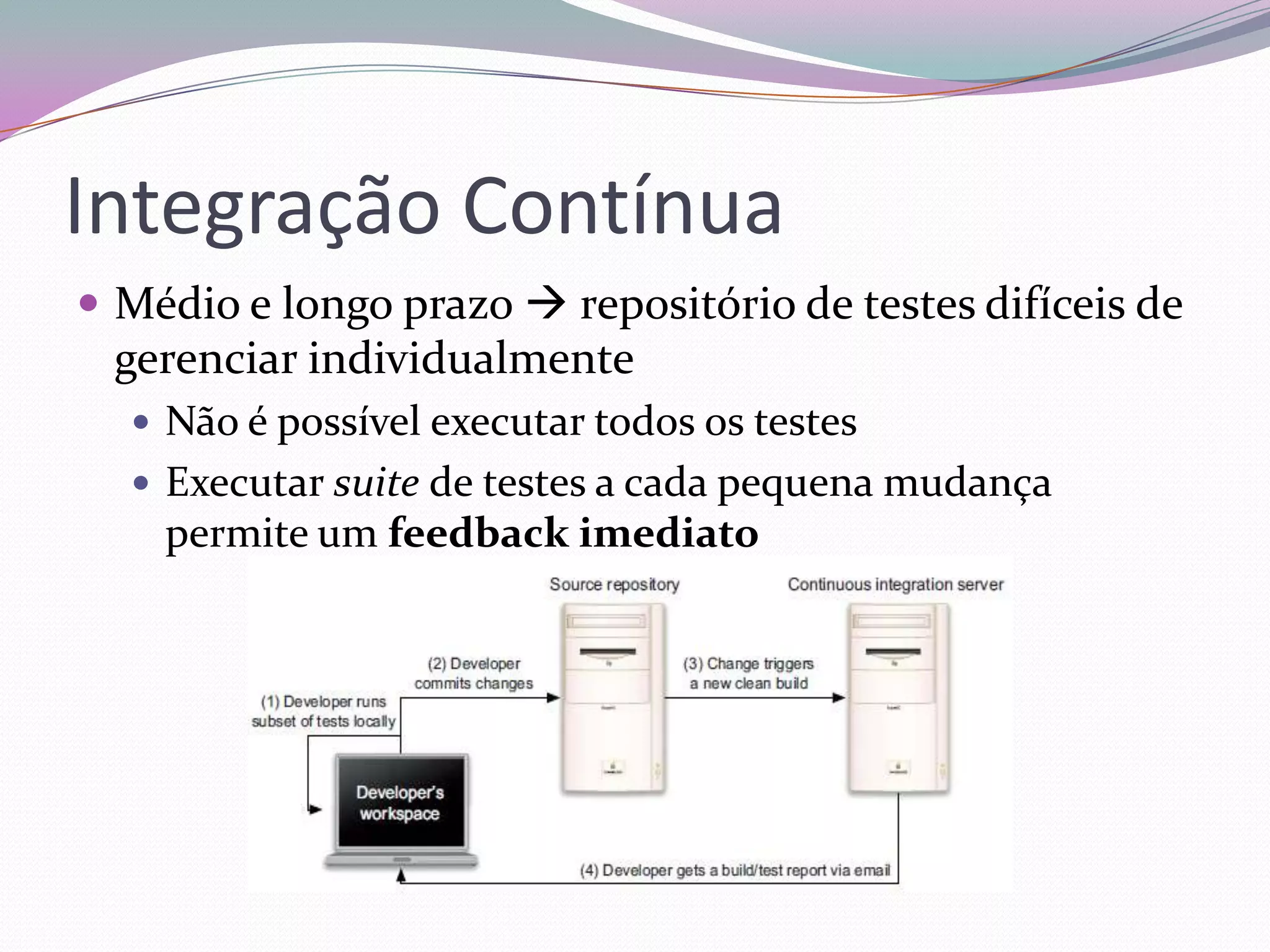 Integração Contínua
 Médio e longo prazo  repositório de testes difíceis de
 gerenciar individualmente
   Não é possível executar todos os testes
   Executar suite de testes a cada pequena mudança
    permite um feedback imediato
 